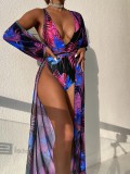 Women Printed Bodysuit and Cover Up Bikini Two-Piece Set