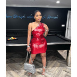 Women's Clothing Shiny One Shoulder Sexy Sleeveless Bodysuit + Skirt Set