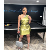 Women's Clothing Shiny One Shoulder Sexy Sleeveless Bodysuit + Skirt Set