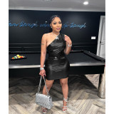 Women's Clothing Shiny One Shoulder Sexy Sleeveless Bodysuit + Skirt Set