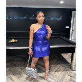 Women's Clothing Shiny One Shoulder Sexy Sleeveless Bodysuit + Skirt Set