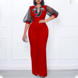 Women'S Summer Short Sleeve Puff Sleeve Beaded Sexy Wide Leg Slim Waist Plus Size Jumpsuit