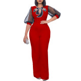 Women'S Summer Short Sleeve Puff Sleeve Beaded Sexy Wide Leg Slim Waist Plus Size Jumpsuit