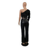 Street Fashion Leather Patchwork Women'S Spring Summer Slash Shoulder Slim Fit Long Sleeve Shirt And Pants Two Piece Set