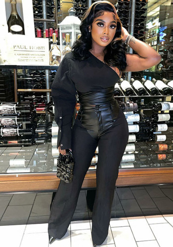Street Fashion Leather Patchwork Women'S Spring Summer Slash Shoulder Slim Fit Long Sleeve Shirt And Pants Two Piece Set