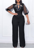 Women'S Summer Short Sleeve Puff Sleeve Beaded Sexy Wide Leg Slim Waist Plus Size Jumpsuit