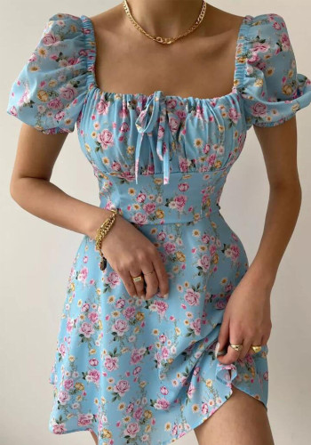 Women'S Summer Fashion Puff Sleeve Floral A-Line Summer Female Dress