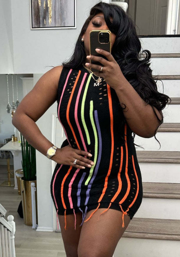 Women'S Fashion Tassel Sleeveless Slim Sexy Patchwork Knitting Dress