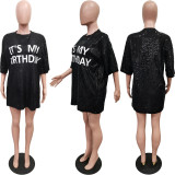 Women'S Spring Round Neck Loose Sequined Letter Casual Dress