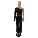 Street Fashion Leather Patchwork Women'S Spring Summer Slash Shoulder Slim Fit Long Sleeve Shirt And Pants Two Piece Set