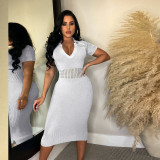 Women Sexy Ripped Turndown Collar Sweater Dress