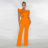 Women Summer Ruffle Round Neck Solid Jumpsuit