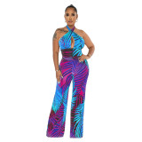 Women Sexy Backless Lace-Up Print Sleeveless Jumpsuit