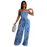 Women Sexy Sleeveless Backless Print Wide Leg Jumpsuit