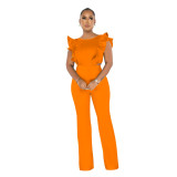 Women Summer Ruffle Round Neck Solid Jumpsuit
