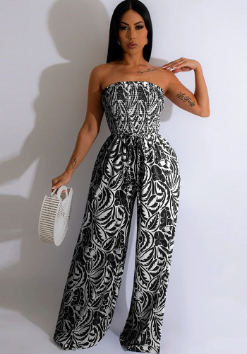 Women Sexy Sleeveless Backless Print Wide Leg Jumpsuit