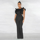 Women Summer Ruffle Round Neck Solid Jumpsuit