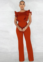 Women Summer Ruffle Round Neck Solid Jumpsuit Women Summer Ruffle Round Neck Solid Jumpsuit