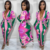 Women Casual Stripe Print Long Sleeve Dress