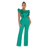 Women Summer Ruffle Round Neck Solid Jumpsuit