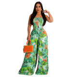 Women Sexy Sleeveless Backless Print Wide Leg Jumpsuit