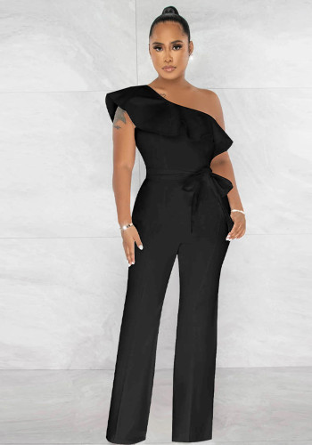 Women Solid Ruffle Jumpsuit with Belt