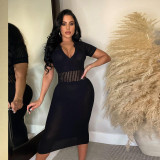 Women Sexy Ripped Turndown Collar Sweater Dress
