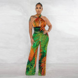 Women Sexy Backless Lace-Up Print Sleeveless Jumpsuit