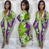 Women Casual Stripe Print Long Sleeve Dress