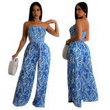 Women Sexy Sleeveless Backless Print Wide Leg Jumpsuit