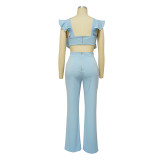 Women Summer Ruffle Round Neck Solid Jumpsuit
