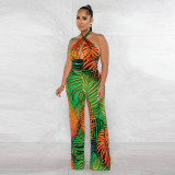 Women Sexy Backless Lace-Up Print Sleeveless Jumpsuit