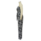 Women Sexy Sleeveless Backless Print Wide Leg Jumpsuit