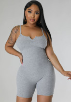 Women Ribbed V-Neck Slim Romper