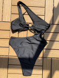 Women Sexy Solid Color Slash Shoulder Bikini One-Piece Swimwear