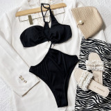 Women V-Neck Black One-Piece Bikini Swimwear