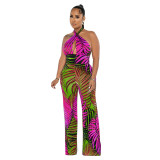 Women Sexy Backless Lace-Up Print Sleeveless Jumpsuit