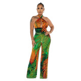 Women Sexy Backless Lace-Up Print Sleeveless Jumpsuit