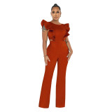 Women Summer Ruffle Round Neck Solid Jumpsuit