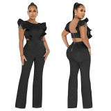 Women Summer Ruffle Round Neck Solid Jumpsuit