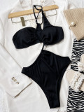 Women V-Neck Black One-Piece Bikini Swimwear