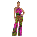 Women Sexy Backless Lace-Up Print Sleeveless Jumpsuit