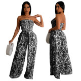 Women Sexy Sleeveless Backless Print Wide Leg Jumpsuit