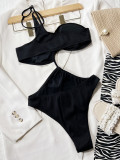 Women V-Neck Black One-Piece Bikini Swimwear