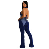 Women's mesh Patchwork Solid Color Sexy Wide Leg Jumpsuit
