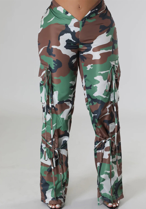 Camouflage pattern pleated strings pants