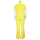 Women'S Spring Summer Short Sleeve Zip Top Bell Bottom Pants Casual Two-Piece Set