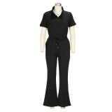 Women'S Spring Summer Short Sleeve Zip Top Bell Bottom Pants Casual Two-Piece Set