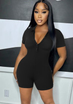 Women'S Solid Short Sleeve Turndown Collar Button Up Rib Tight Fitting Casual Jumpsuit Women'S Solid Short Sleeve Turndown Collar Button Up Rib Tight Fitting Casual Jumpsuit