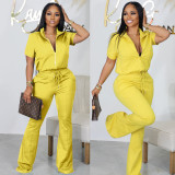 Women'S Spring Summer Short Sleeve Zip Top Bell Bottom Pants Casual Two-Piece Set